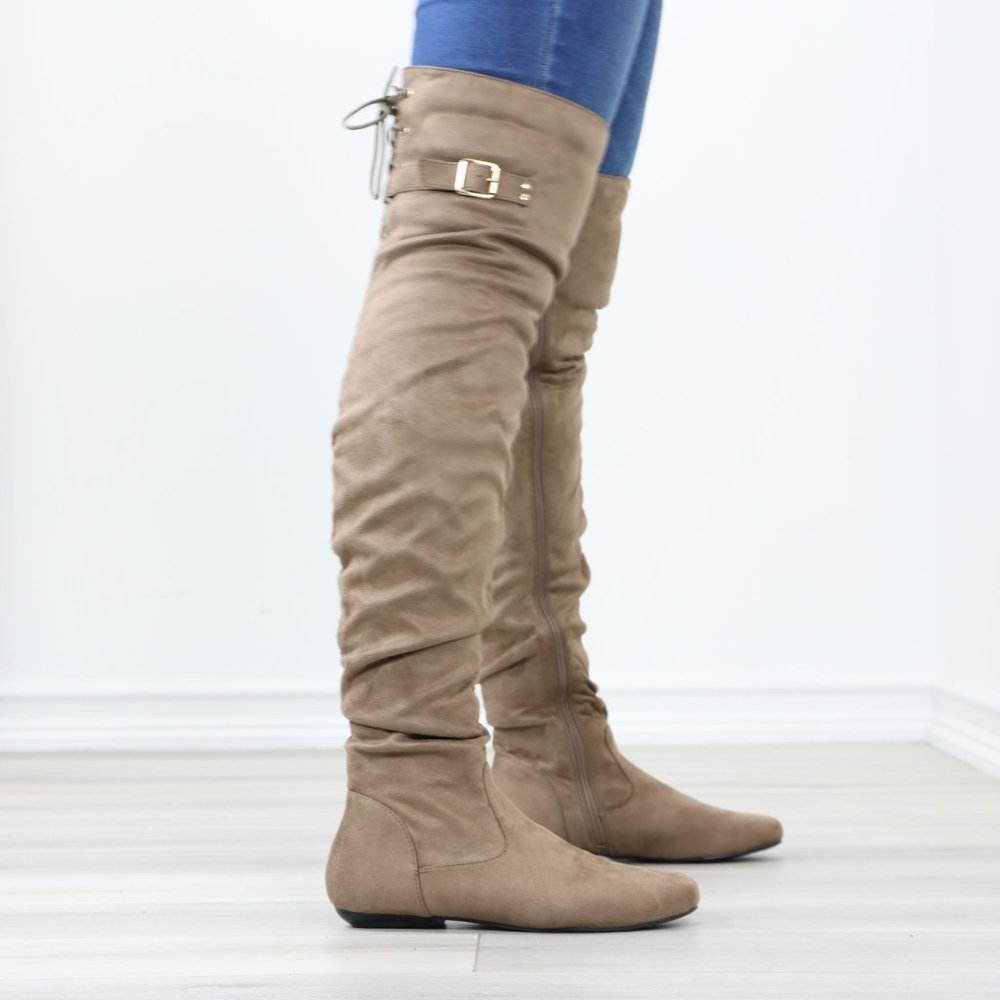 Taupe Thigh High Over The Knee Flat Boots Faux Suede Laced Back - Picture 5 of 15